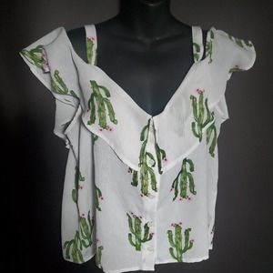 "C" White Short Flutter Sleeve with Straps Button Down Size M Top Green Cactus